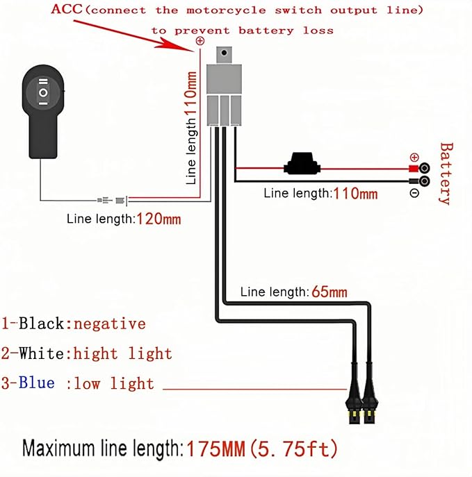 LINJIE Motorcycle Double ColorHigh Low Beam Wiring Harness Kit 12V Relay Double Color Spot Lights Wiring On Off Waterproof Switch Motorcycle High Low Beam Wiring Kit (5.75ft), Black