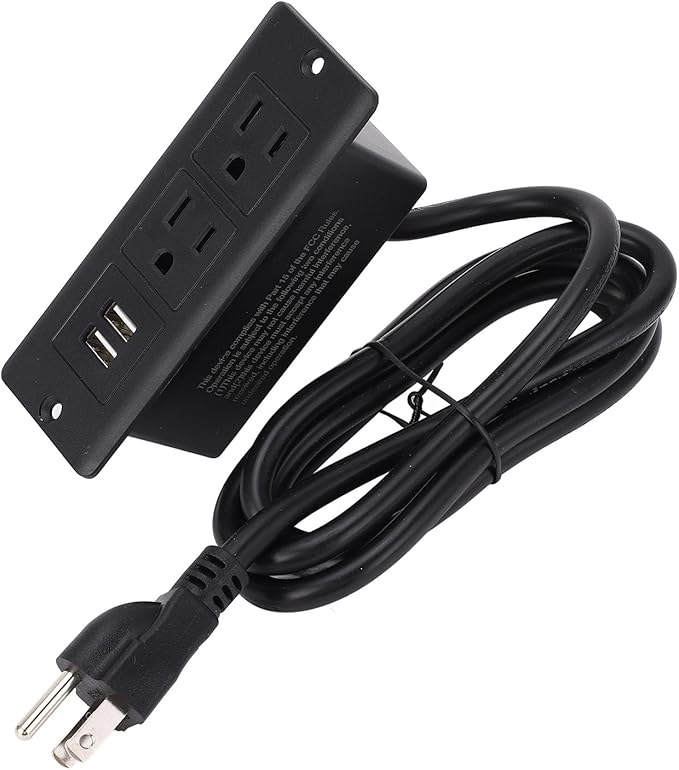 Recessed Power Strip Desktop 2 AC Outlets 2 USB Ports Embedded Design for Furniture Space Saving 1.5m Cord US Plug 125V for Furniture Installation (Black)