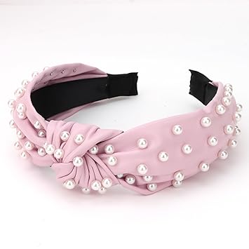 YISSION 1PC Pearl Knotted Headband for Women Non Slip Beaded Headband Wide Leather Headbands for women Jeweled Embellished Hairband Pink Head Band Hair Accessories for Women Girls