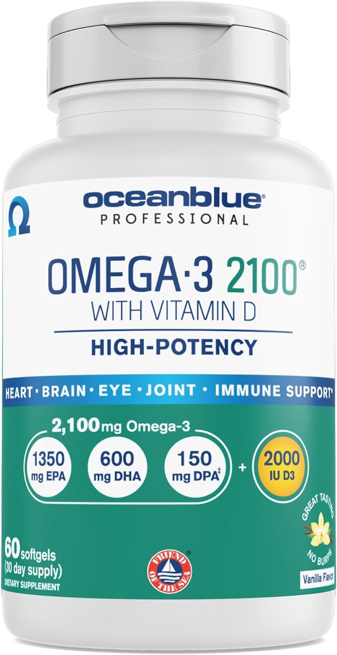 Oceanblue Professional Omega-3 2100 with Vitamin D3 60 ct Triple Strength Burpless Fish Oil Supplement with High-Potency EPA, DHA, DPA and Vitamin D3 Wild-Caught Vanilla Flavor (30 Servings)