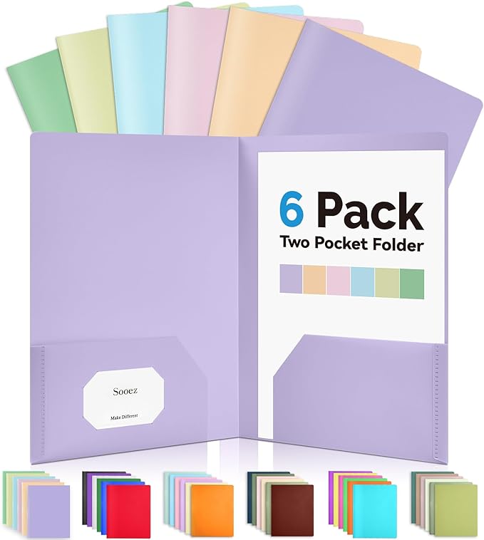 Soooez 6Pack Folders with Pockets, Pastel Colors, Heavy Duty Pocket Folders, Plastic Folders with Pockets, 2 Pocket Folders Bulk, Aesthetic File Folders, Back to School Office Filing Supplies