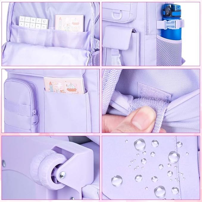 CCJPX Rolling Backpack for Girls Women, 21 inch Roller Wheels School Bookbag, Wheeled Suitcase Backpacks with Lunch Bag for Teen - Purple