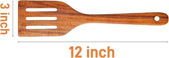 Kitchen Premium Teak Wooden Slotted Spatula-Long Handle, Flat Frying, Non-Stick Safe, Handmade, Multipurpose,Wooden Turner, Wooden Spatula for Cooking Gifting