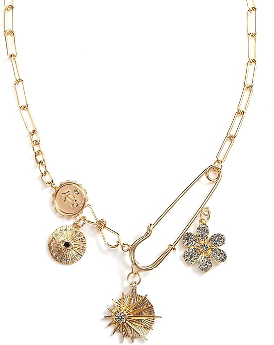 Glod Plated Boho Paperclip Chain Charm Necklace for Women Handmade Evil Eye Sun Moon Star Flower Coin Safety Pin Necklace Celestial Jewelry