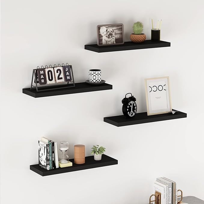 WELLAND Set of 2 Floating Shelves Wall Mounted Shelf, for Home Decor with 8" Deep (Black, 24 inch)