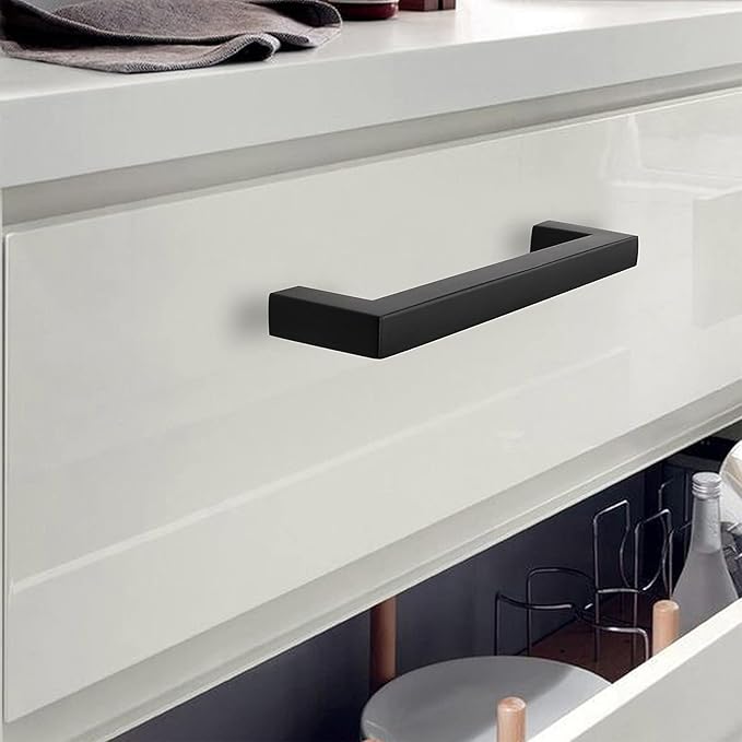 5 Inch Drawer Handle, Modern Square 5-12 Cabinet Pull, Zinc Alloy Metal, Kitchen Cabinet Handle, Center to Center 128mm, with Mounting Screws. (4, Matt Black)