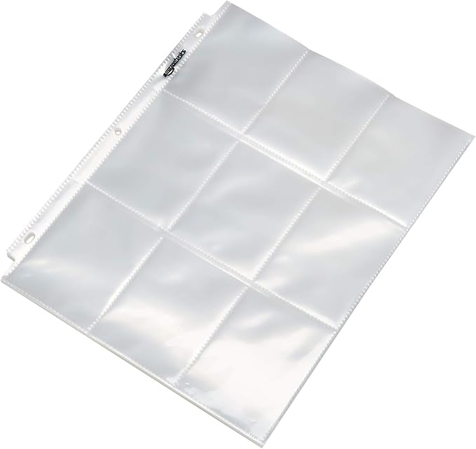 Basics 9 Sleeve Card Protectors Binder Sheet for Secure Card Storage, 100 Pack, Transparent