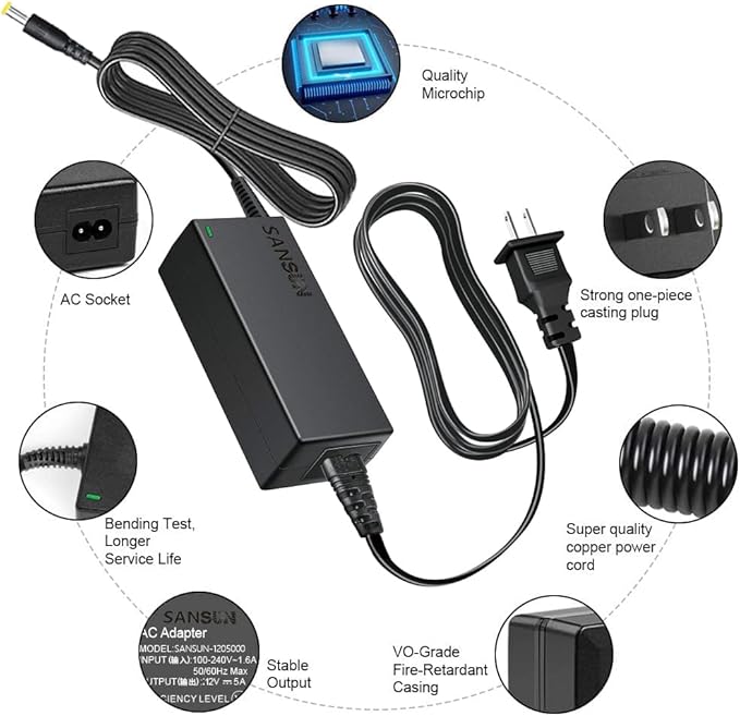 12V 5A Power Supply, AC 120V to DC12V 5.5x2.1mm Jack Converter, 12 Volt LED Driver 60W Adapter Transformer for Strip Lights, Surveillance Cameras, External HDD, Monitor, CCTV (Pack of 1)