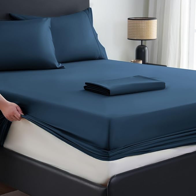 MEISHANG Extra Deep Pocket Cotton Sheets Queen Size, Fits 18"-24" in Deep Mattress, 100 Egyptian Cotton 800 Thread Count, Hotel Style Percale Sheet - Navy