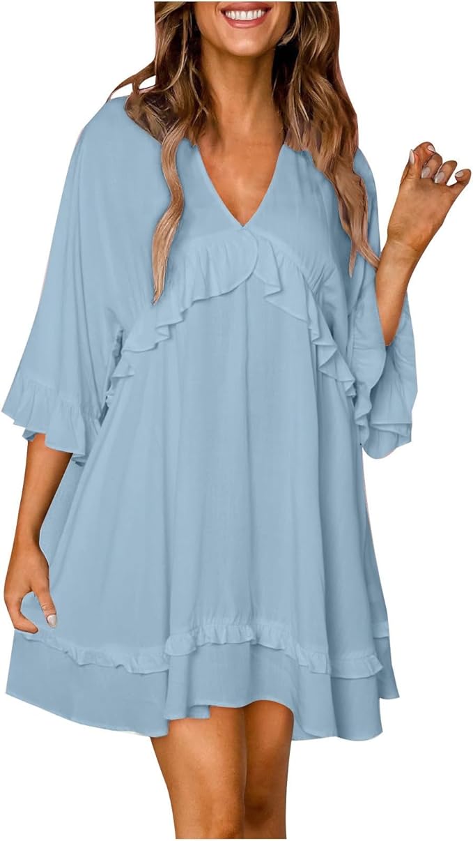 Womens 2024 Summer V-Neck Ruffle Loose Short Sleeve Mini Dress A Line Swing Mini Beach Vacation Sundress