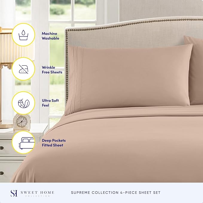 Queen Size Bed Sheets - Breathable Luxury Sheets with Full Elastic Secure Corner Straps Built In - 1800 Supreme Collection Extra Soft Deep Pocket Bedding Set, Sheet Set, Queen, Taupe