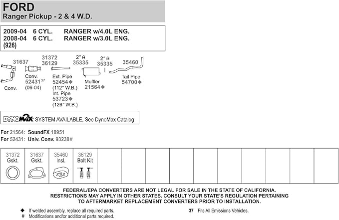 Walker 54700 Exhaust Tail Pipe 2" Inlet (OD) 2" Outlet (OD) for Ford Ranger