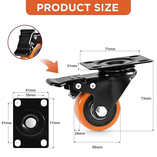 Caster Wheels, Heavy Duty 2 Inch Casters Set of 2, Locking Swivel Casters Wheels for Cart, Furniture and Workbench, Orange