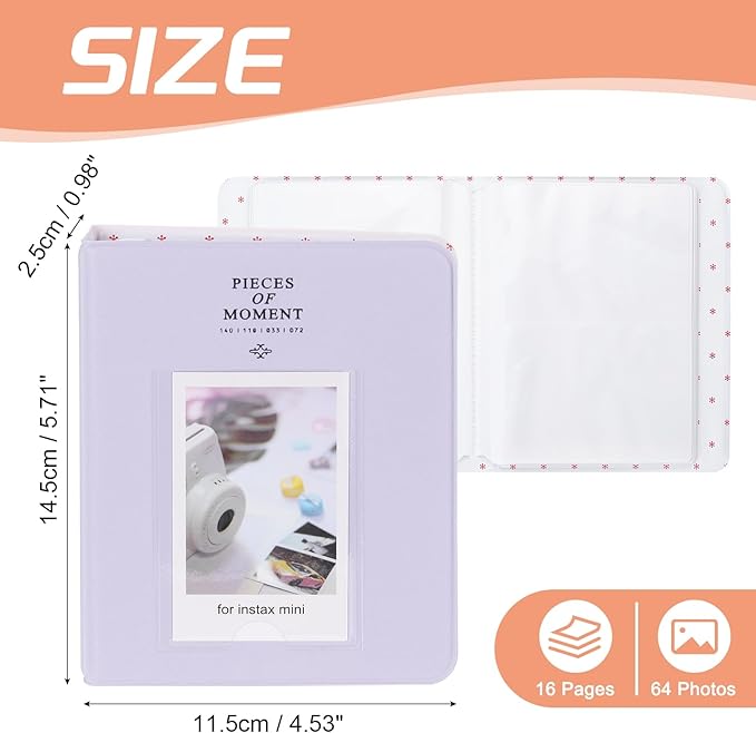 uxcell 64 Pockets Photos Album, Leather Cover 2 x 3 Small Photo Album with Front Window Instant Film Photo Album Book for Instant Camera Film, (Light Purple)
