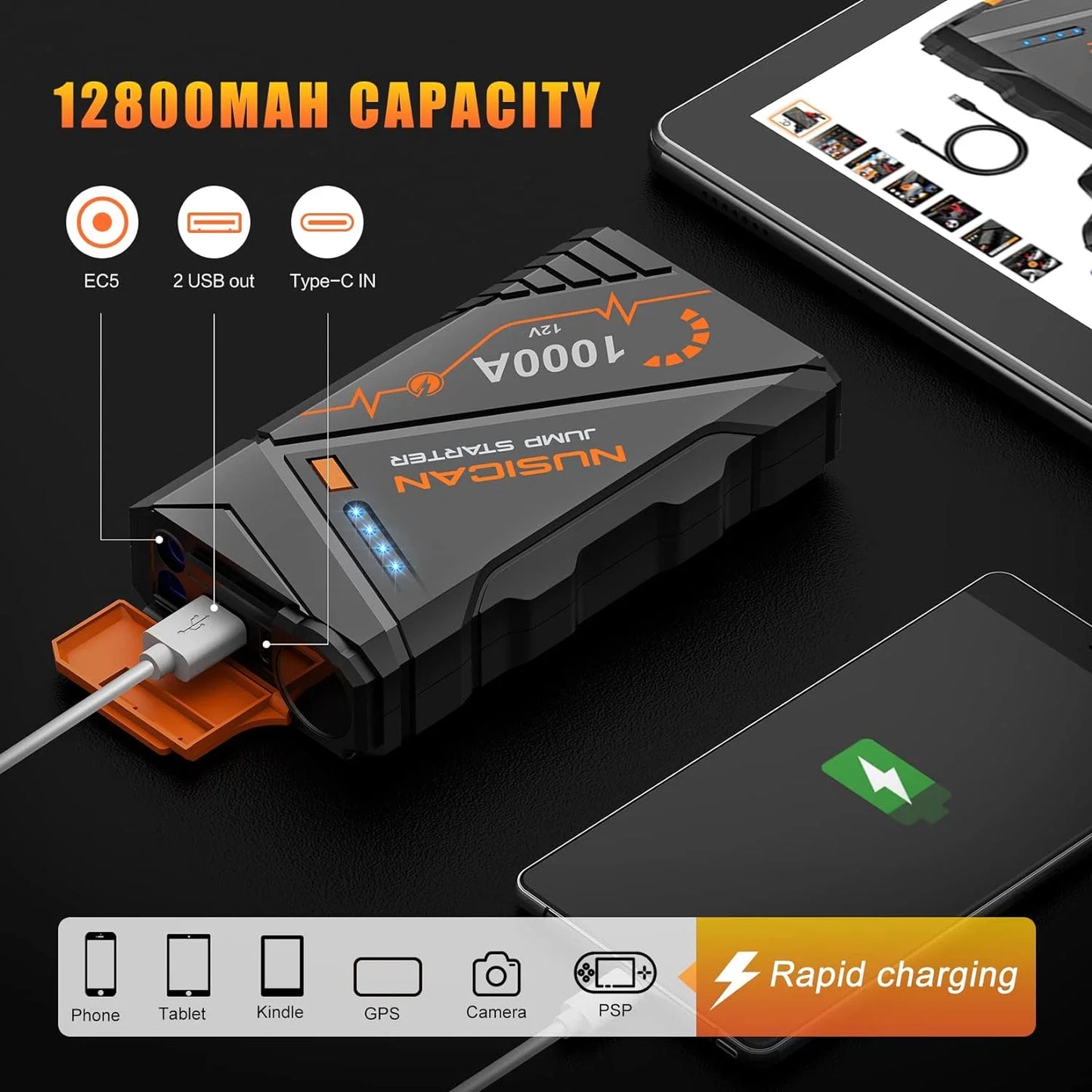 NUSICAN Car Battery Jump Starter, 1000A Peak 12V Auto Lithium Jump Starter, Portable Car Battery Booster Power Pack for up 7L Gas or 5.5L Diesel Engine, LED Flashlight & USB Quick Charge