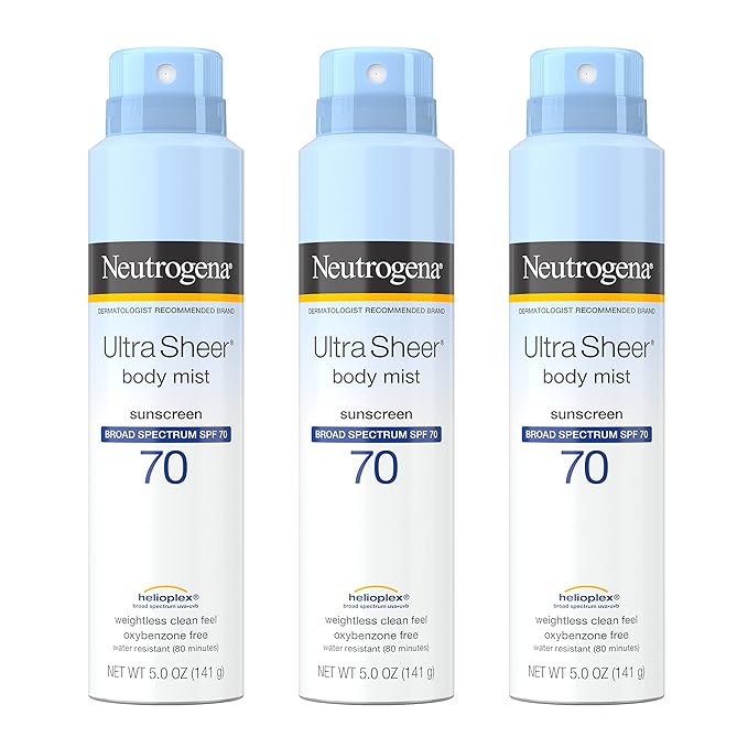 Neutrogena Sunscreen Spray, Ultra Sheer Body Mist, Broad Spectrum SPF 70, Non-Greasy Water Resistant Body Sunscreen Mist, Non-Comedogenic, 5 oz, 3 Pack