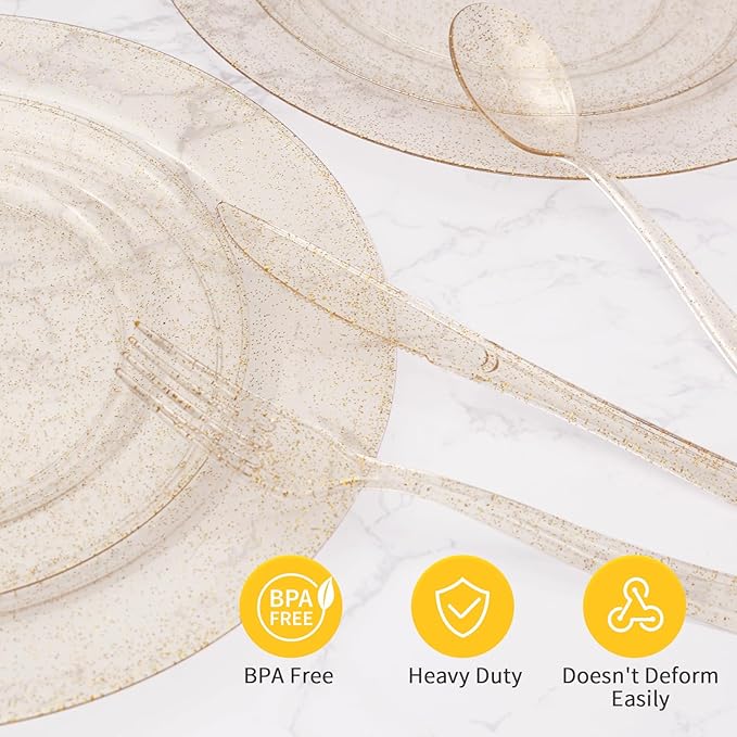 Goodluck 50 Pack Gold Glitter Plastic Forks, Heavy Duty Gold Glitter Forks Disposable, Gold Glitter Plastic Cutlery Perfect for Weddings, Parties, Dinners and Christmas