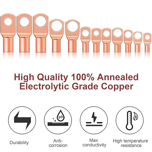 Weewooday 170Pcs Copper Battery Cable Ends 12 Sizes Battery Terminal Connectors Copper Lug Ring Terminal Wire Lugs Kit for AWG4, AWG6, AWG8, AWG10, AWG12