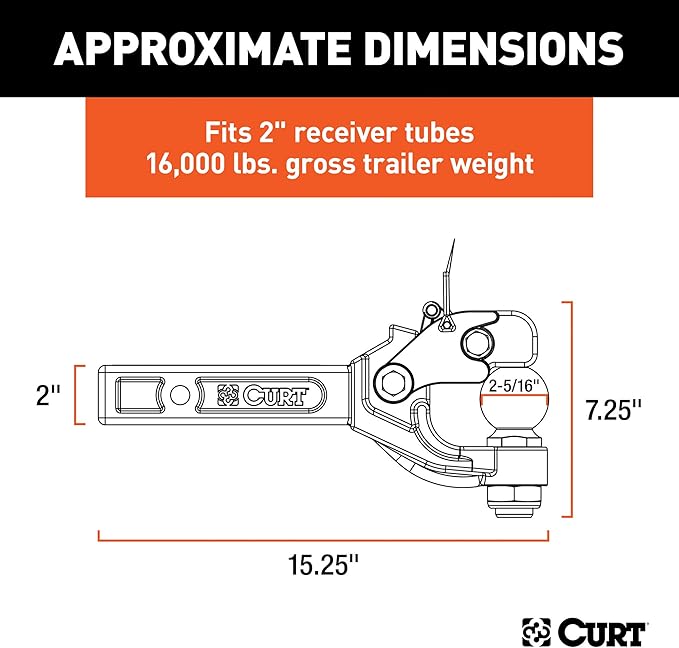 CURT 48006 Pintle Hitch with 2-516-Inch Trailer Ball, Fits 2-Inch Receiver, 16,000 lbs, 15-14-Inch Length