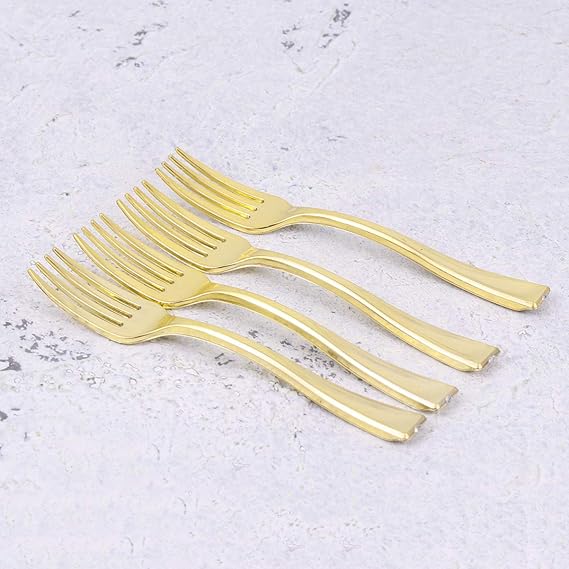 Cabilock 24pcs Disposable Mini Fork Fruit Dessert Pudding Forks Mini Plastic Tasting Forks for Appetizer Desserts Cocktail Cake Fruit Wedding Party Gold