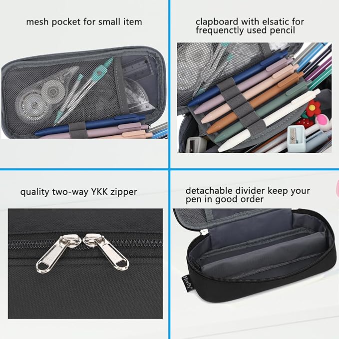 FlowFly Pencil Case for Girls Boys, Large Capacity Pencil Pouch for Kids, Portable Soft Pen Bag for Teens, Black