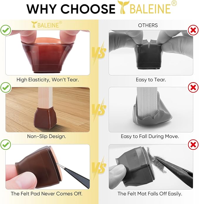 BALEINE 16 Pack Silicone Chair Leg Floor Protectors, Stool Leg Protectors Cap, Non-Slip Chair Leg Caps for Hardwood Floors (Brown Large (Square), 16 Pack)