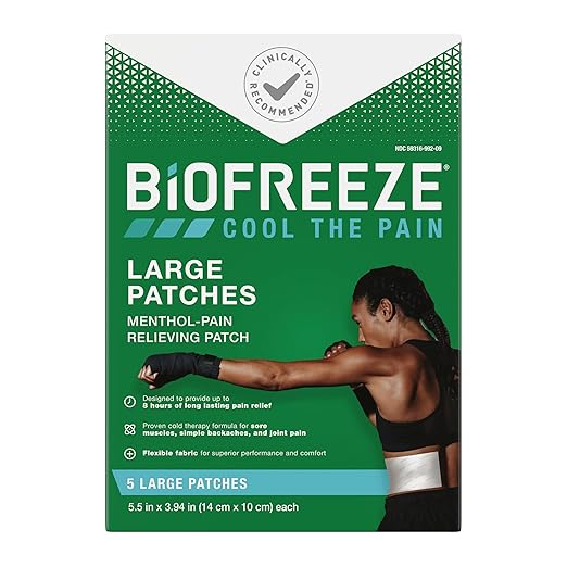 Biofreeze Pain Relieving Patches, for Back, Neck, Knee Pain, Sore Muscle Relief, 8 Hour Pain Relief, Pharmacist Recommended, FSA Eligible, 5 Biofreeze Menthol Patches