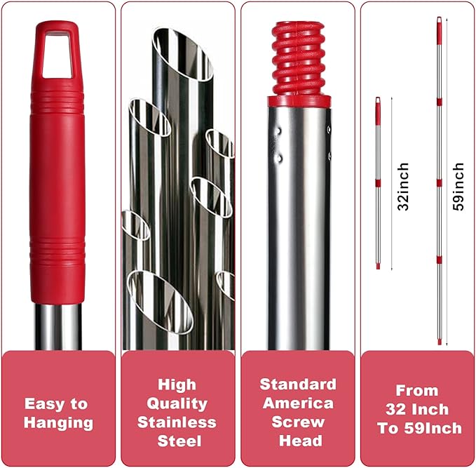Spin Mop Replacement Handle - 4 Section Mop or Broom HandleStick Compatible with O Cedar Spin Mop Refills and Brooms, 30" to 59", American Threaded Joint End (Mop Head Not Included)