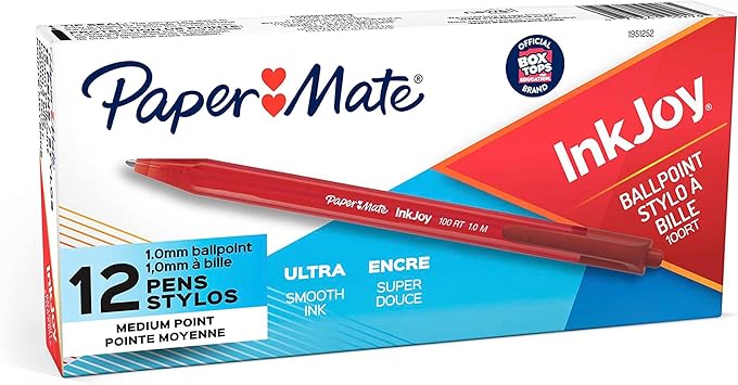 Paper Mate InkJoy 100RT Retractable Ballpoint Pens, Medium Point, Red, Box of 12
