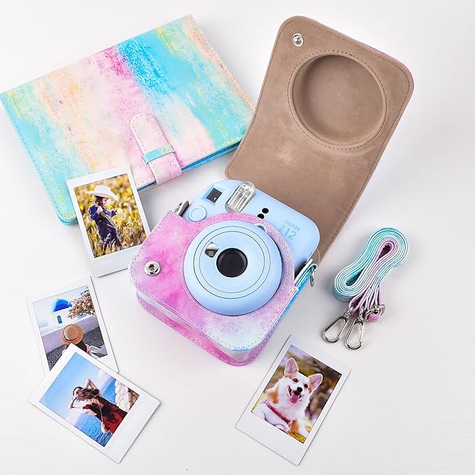 MUZIRI KINOKOO Case for Fujifilm Fuji Instax Mini 12Fuji Mini 12 Instant Camera - PU Leather Protective Case Cover Bag with Adjustable Shoulder Strap - Blue Pink Watercolor
