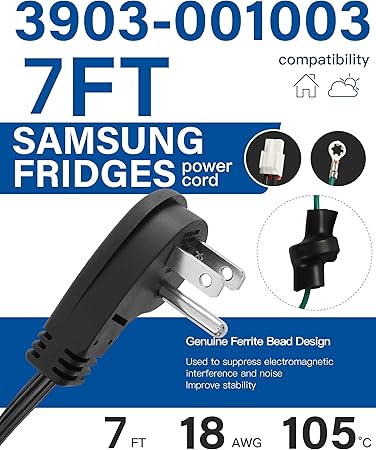 Upgraded Refrigerator Power Cord 3903-001003 3903-000519, Compatible Replacement for Samsung Models (Substitutes 3903-000786, 3903-000796)