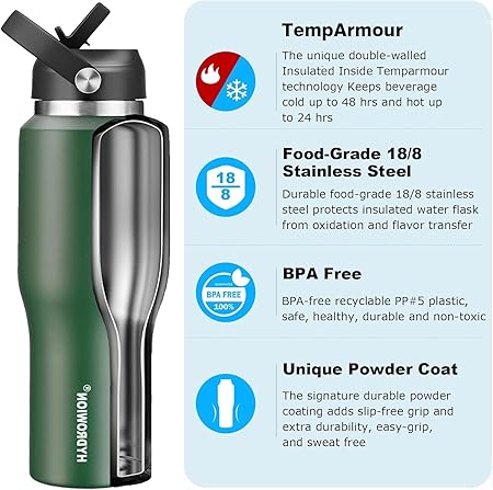 40 oz Insulated Water Bottle with Straw fit in Car Cup Holder(Cold 48 hrs, Hot 24 hrs) Drinking Bottle with Straw Lid, Spout Lid and Flex Cap Leakproof Travel Thermo Mug,Olive