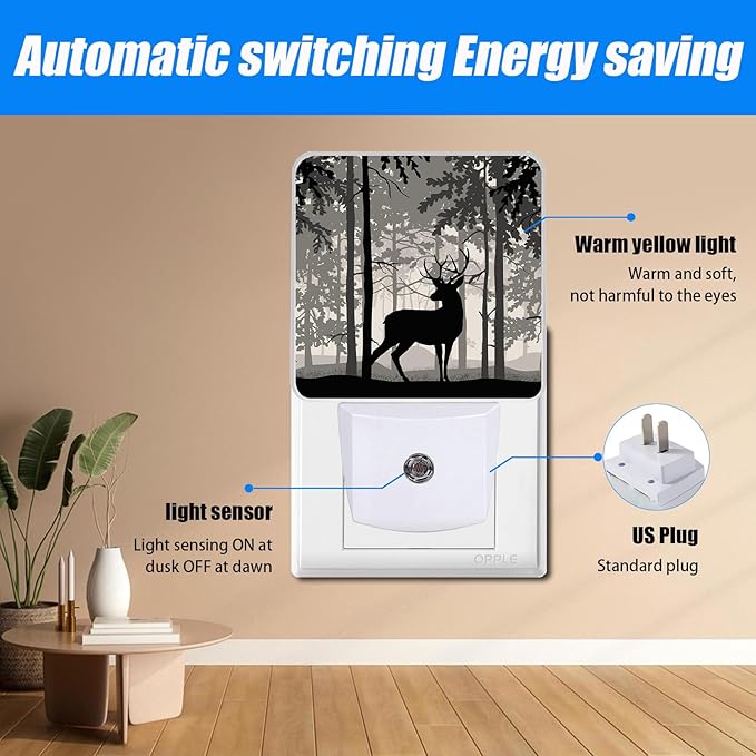 Forest Deer Night Light, Birch Tree Nightlight Plug into Wall,LED LampSuitable for Bedrooms,Kitchens,Toilets,Etc.Auto Sensor Dusk to Dawn,Energy-Saving