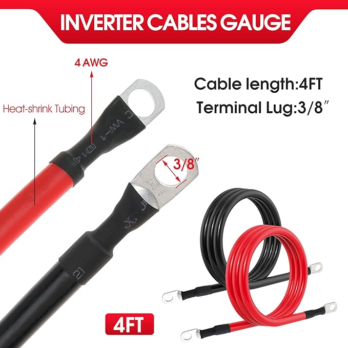 4 AWG Battery Cable 4AWG Gauge Pure Copper Battery Inverter Cables with 38 in Lugs Both Ends Power Inverter Wire Set for Automotive Solar Marine Boat RV Car Motorcycle Red and Black (4FT)