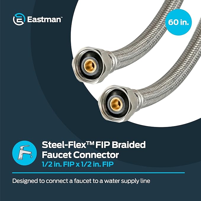 Eastman 60 inch Steel-Flex Faucet Connector, 12 Inch FIP x 12 Inch FIP, Braided Stainless Steel Faucet Supply Line, 48022