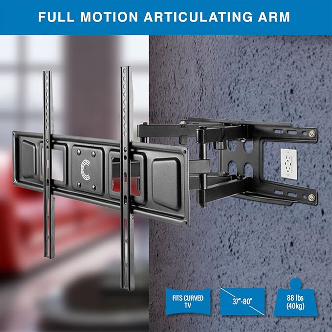 Full Motion TV Mount Articulating Arm TV Wall Mount Bracket for 37-80 Inch LED, LCD, OLED, 4K, Flat Curved TV, VESA Max 600x400, Holds 88lbs, Black