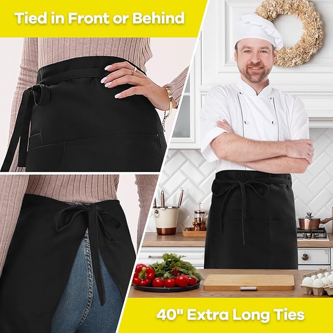 ROTANET Server Apron Black with 3 Pockets 20 Inch Long Waiter Waitress Bistro Half Waist Aprons for Women Men Waterproof