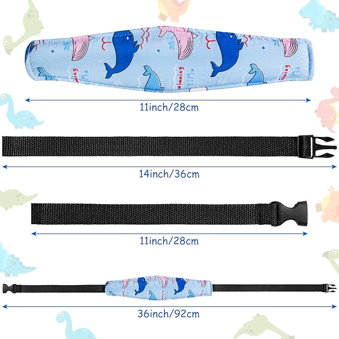 HESTYA 2 Pieces Baby Carseat Head Support Band Strap Headrest Stroller Seat Sleeping Headrest Neck Relief Head Strap Headband for Kids Children Toddler Infant(Dinosaur and Dolphin)