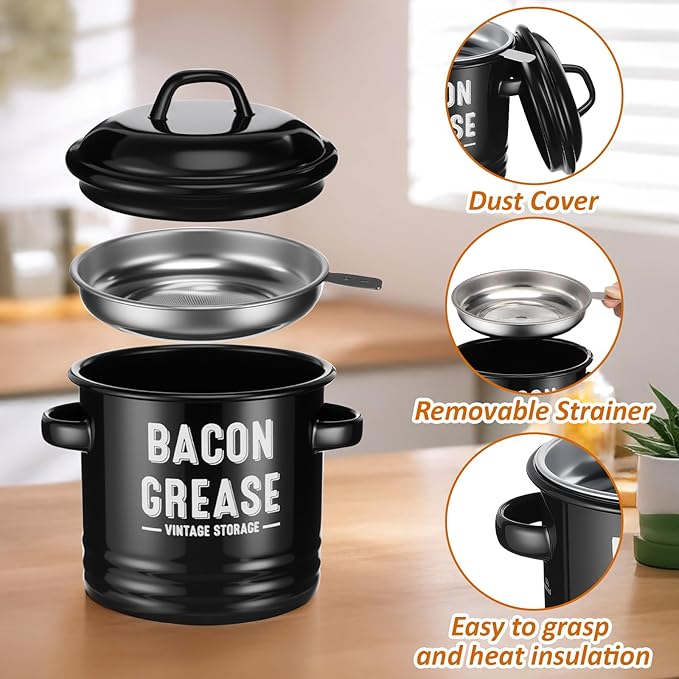 Bacon Grease Saver with Strainer 41oz 1. 2L Large Stainless Steel Grease Container with Silicone Spatula Farmhouse Black Enamel Oil Keeper Can for Kitchen Fat Storage, Dishwasher Safe