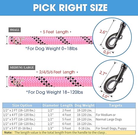 BAAPET 2456 FT Dog Leash with Comfortable Padded Handle and Highly Reflective Threads for Small Medium and Large Dogs (5FT-12'', Pink)