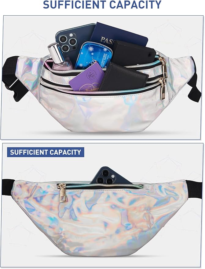 LIVACASA Holographic Fanny Packs for Women Cute Waist Packs Shiny Waist Bum Bag Waterproof for Travel Party Festival Running Hiking All Silver 50+ bought in past month