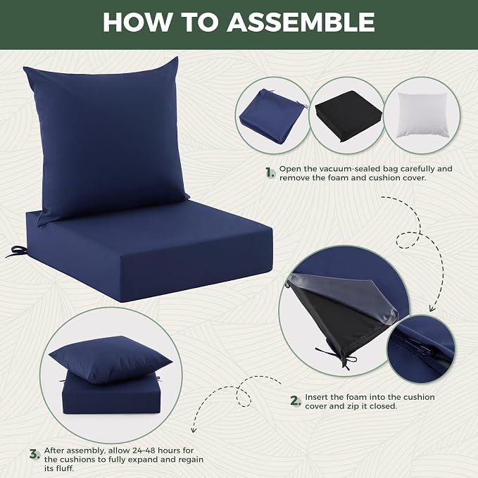 Outdoor Cushions for Patio Furniture, Outdoor Seat Cushion Set 24 x 24 x 5.75 Inch, Waterproof & Fade Resistant Outdoor Chair Cushions, Deep Seat Patio Cushion with Removable Cover, Navy Blue