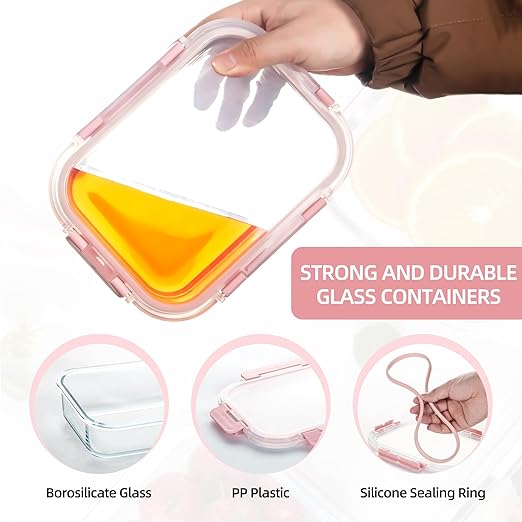 Glass Food Storage Containers,2PC Glass Meal Prep Container, Leak Proof, Glass Storage Containers with Lids, Ideal for Food Storage, Lunch, On-the-Go, Leftover - Pink