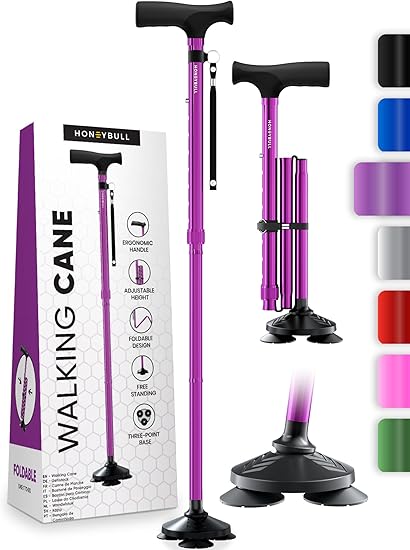 HONEYBULL Walking Cane for Men Women - Foldable, Adjustable, Collapsible, Free Standing Cane, Pivot Tip, Heavy Duty Walking Sticks, Folding Canes for Seniors Adults Purple
