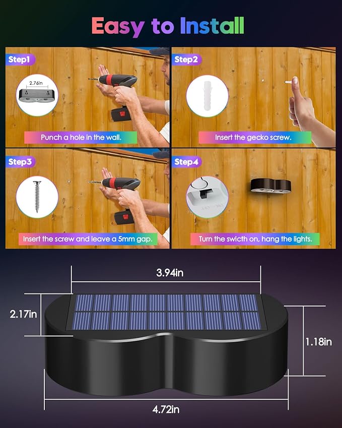 Pack of 8 upgraded solar lights for outdoor fence with point lenses, warm white, cool white and RGB 8 fixed colors, bright waterproof color lights for fence, wall, step,