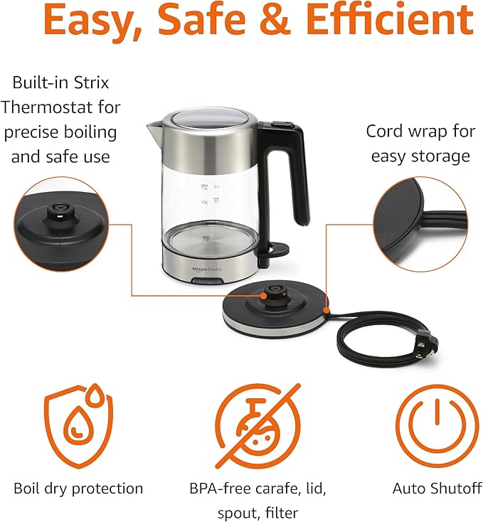 Basics Electric Kettle with Glass Carafe for Tea and Coffee, BPA-Free, Fast Boiling, Auto Shut-Off, 1.8 Quarts, 1500W, Black and Silver