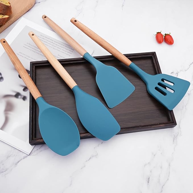 1pc Blue Silicone Solid Turner with Wooden Handle, Heat Resistant Kitchen Spatulas, Ideal Cookware for Frying, Baking, Flipping, Turning, Fish, Eggs, Meat.