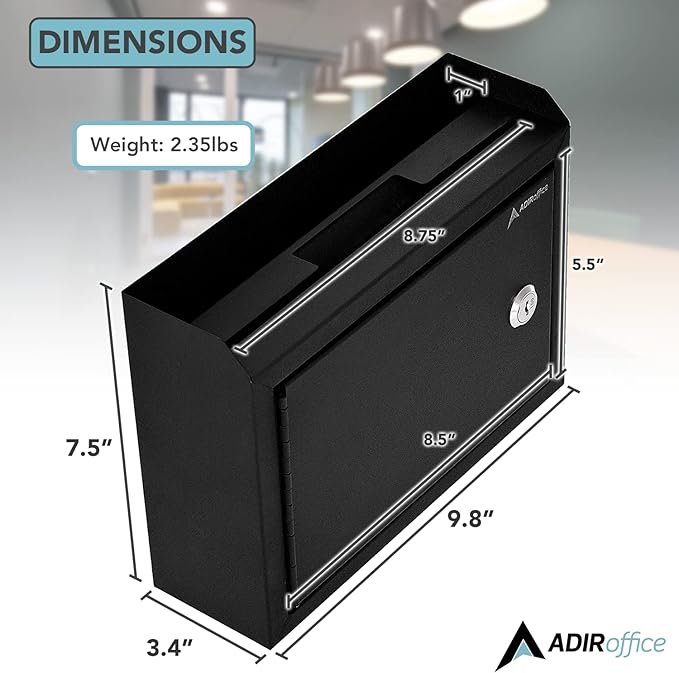 AdirCorp. Suggestion Box with Lock, Safe Wall Mounted Mail Box, Key Drop, Donation File and Money Organizer, 9.75x7x3 (Black)