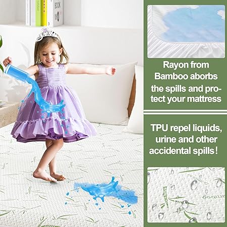 Queen Rayon made from Bamboo Waterproof Mattress Pad Cover, Soft Breathable Cooling Mattress Pad Cover, Waterproof Mattress Protector Stretches up to 21 Deep Pocket Tightly Fitted Mattress Protection