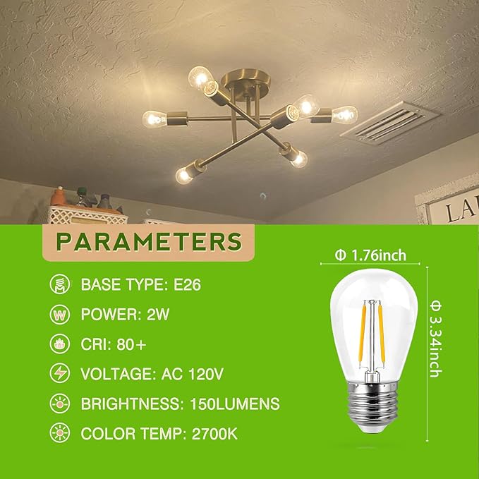 15W 20W 25W Light Bulbs Equivalent, 2W LED Edison Bulb Soft White 2700K, S14 E26 Low Watt Light Bulbs for Outdoor String Lights,Table Lamp, 6-Pack